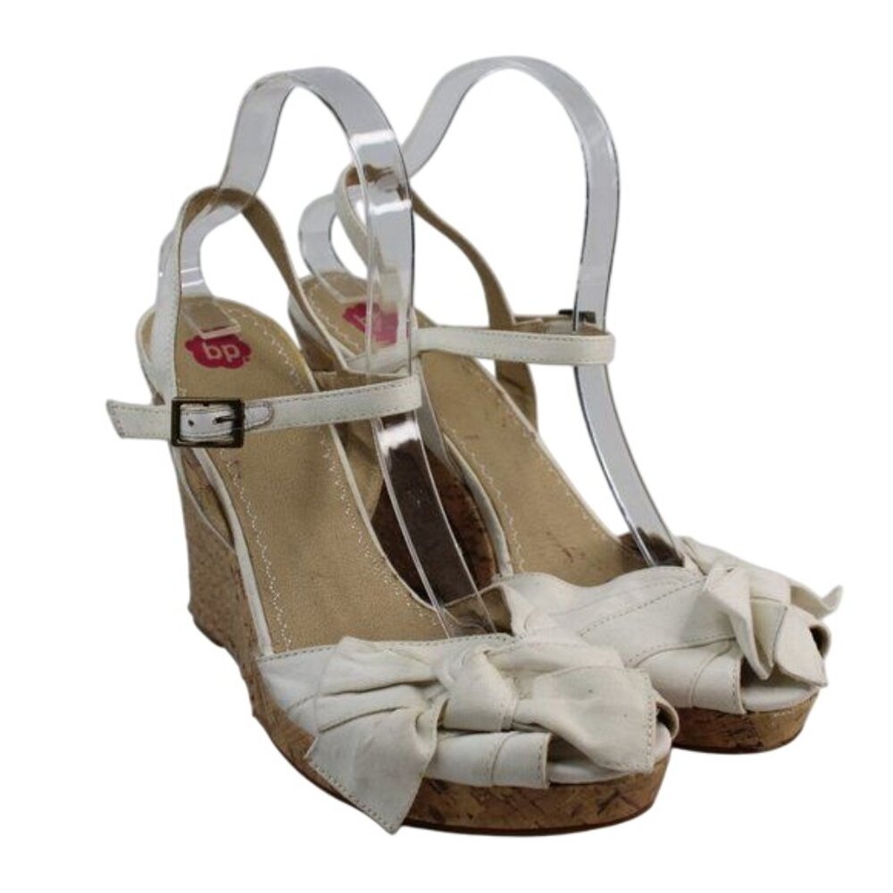 BP Nordstorm Off White Canvas Bow Tie Fab Open Toe Strappy Platform Wedge Heels - Picture 3 of 9